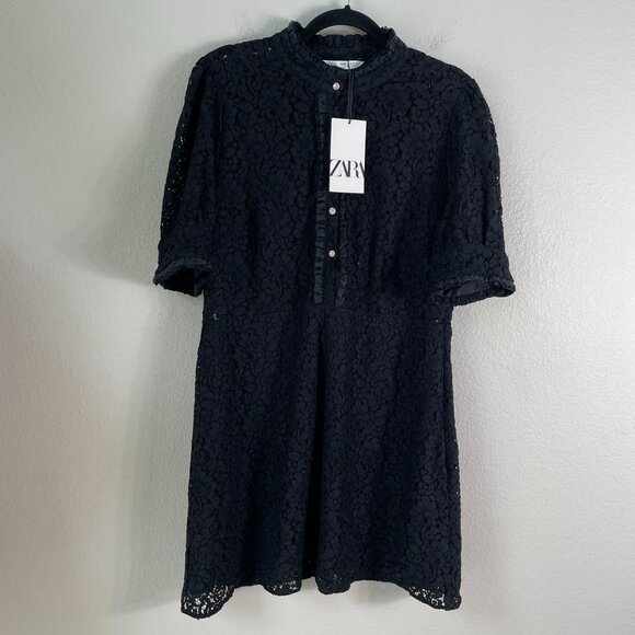 NEW Zara Womens Plus XXL Black Lace Dress Ruffle Details & Jewel Buttons - Picture 10 of 16
